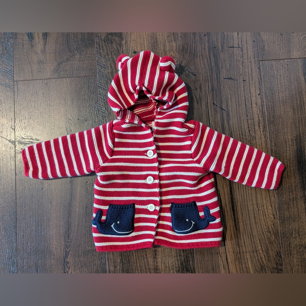 Baby Gap Whale Button Down Hooded Sweater Red White Stripes Blue 6-12 Months